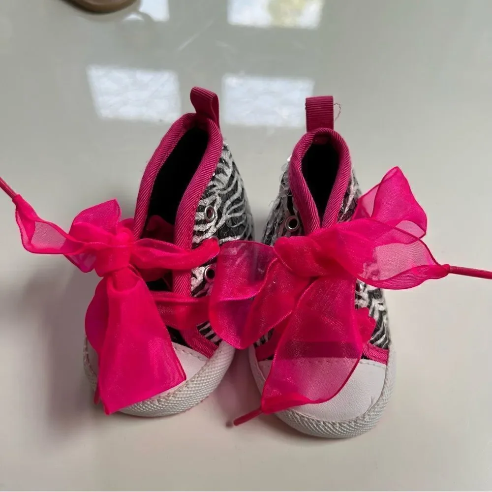 Funky Neon Pink Sequin Zebra Ribbon Tie Baby Shoes
